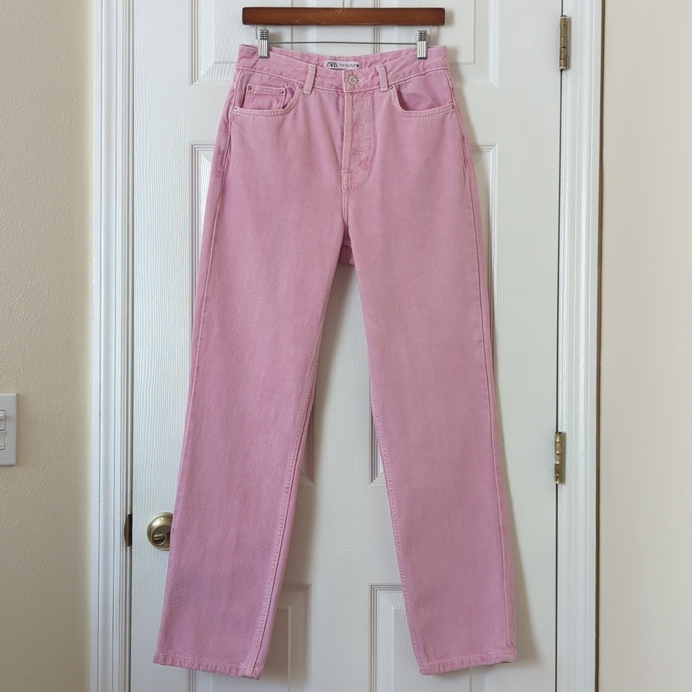 Zara Classic High Waisted Slim Fit Straight Leg Button Fly Jeans Spring Pink 6